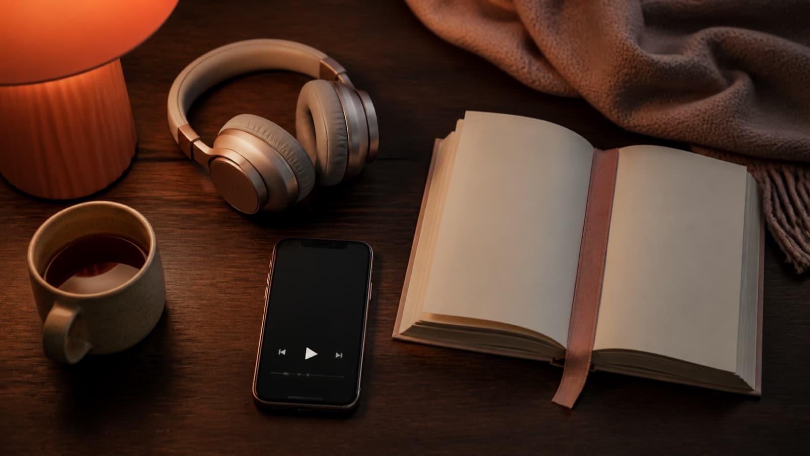 Headphones, a phone audio player, and an open novel arranged for an evening listening session