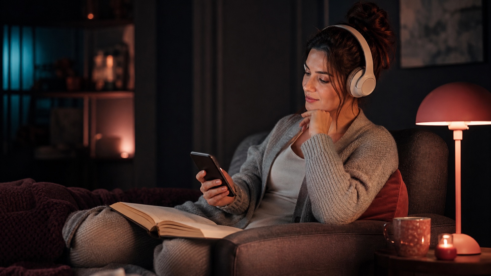 Adult woman choosing between a romance novel and audio listening on her phone in a quiet evening reading corner