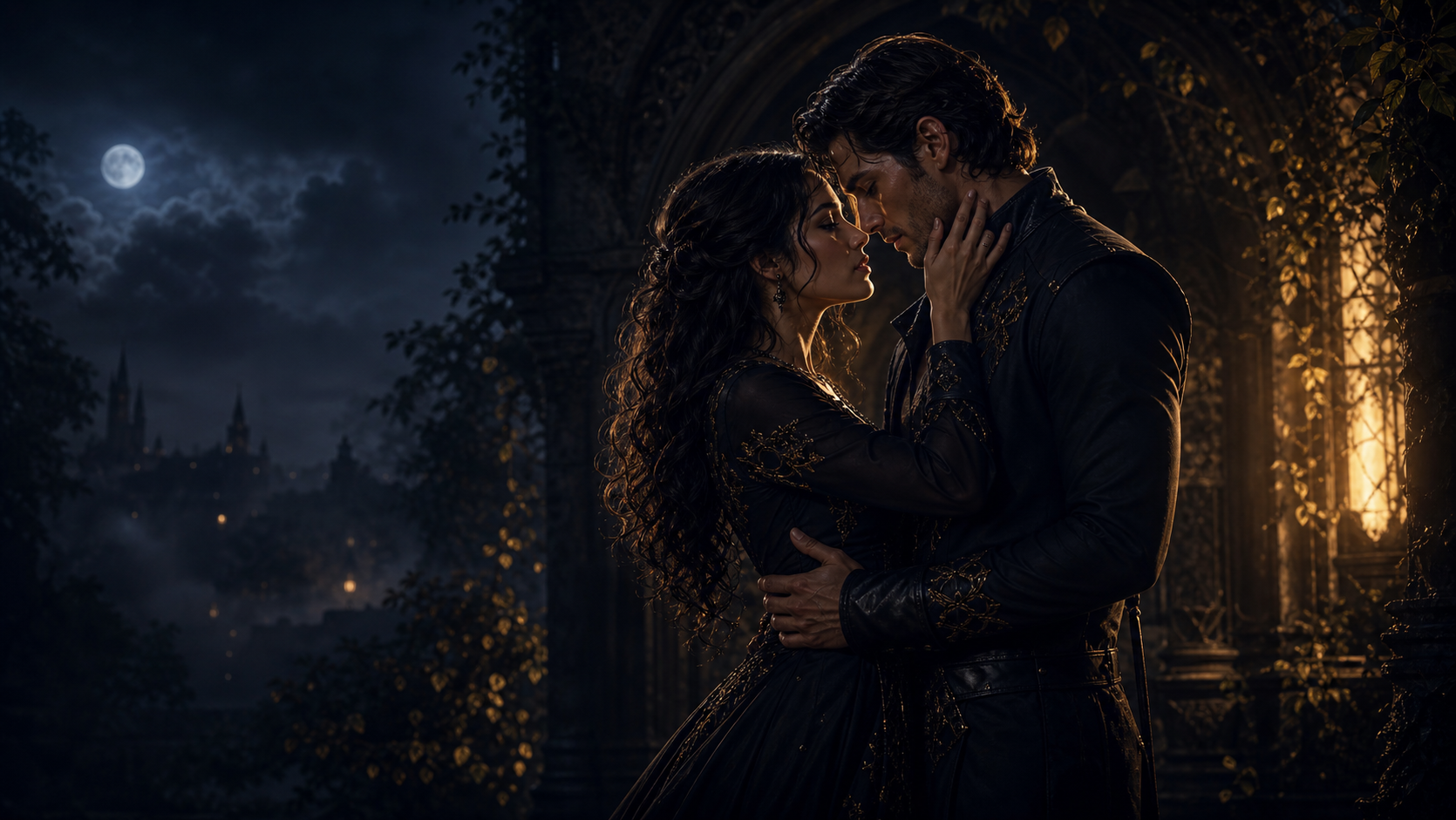 Two adults in a moonlit fantasy romance scene standing close beneath an ornate arch
